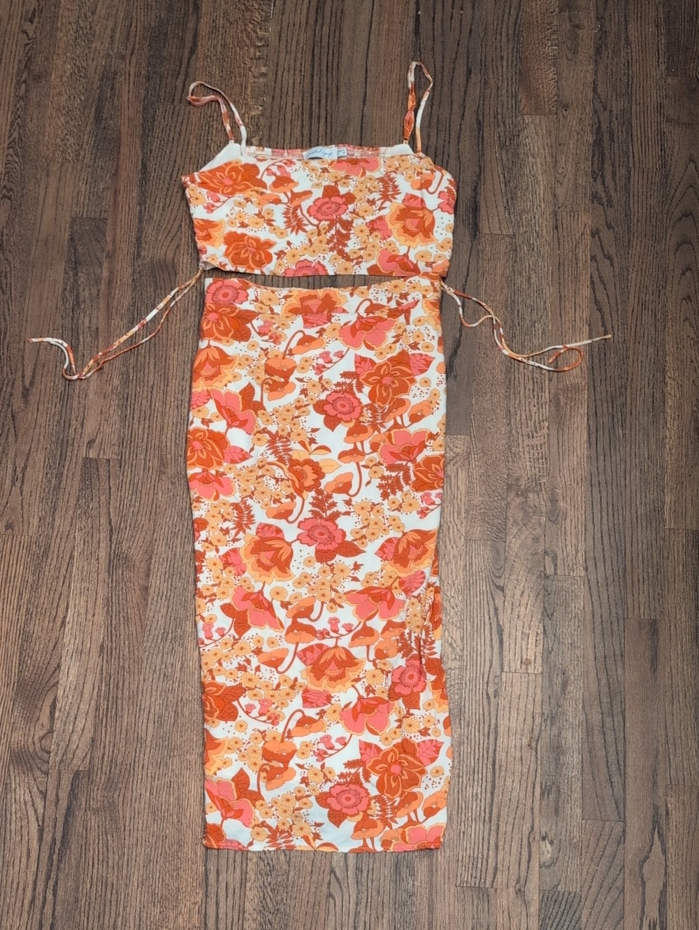 Petal & Pup Orange and Coral Floral Midi Dress with Crop Top